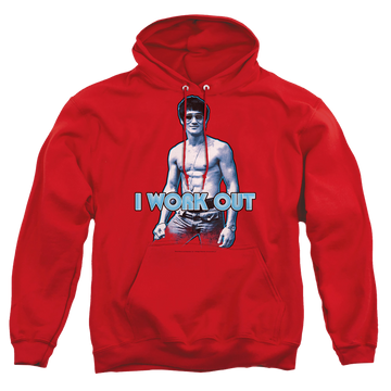 Red pullover hoodie with Bruce Lee Lee Works Out graphic