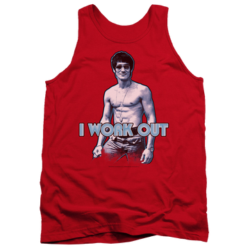 Red men's tank with Bruce Lee Lee Works Out graphic