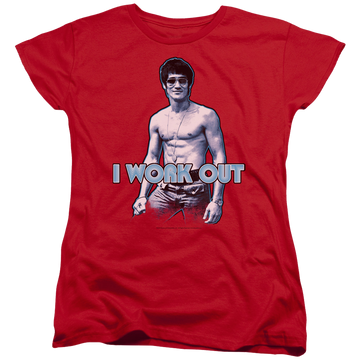 Red women's t-shirt with Bruce Lee Lee Works Out graphic