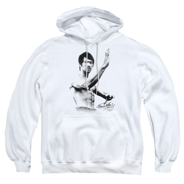 White pullover hoodie with Bruce Lee Serenity graphic