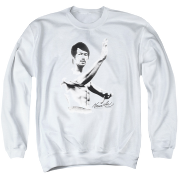 White men's crewneck sweatshirt with Bruce Lee Serenity graphic