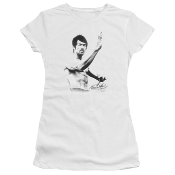 White juniors t-shirt with Bruce Lee Serenity graphic