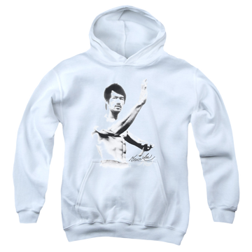 White youth hoodie for ages 8 to 12 with Bruce Lee Serenity graphic