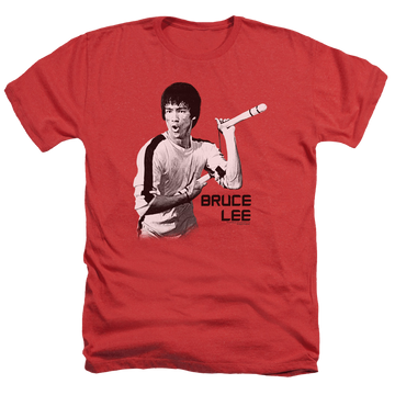 Red men's heather t-shirt with Bruce Lee Nunchucks graphic