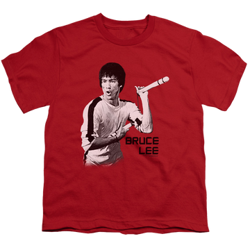 Red youth t-shirt for ages 8 to 12 with Bruce Lee Nunchucks graphic