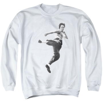 White men's crewneck sweatshirt with Bruce Lee Flying Kick graphic