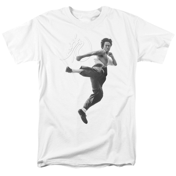 White men's regular fit t-shirt with Bruce Lee Flying Kick graphic