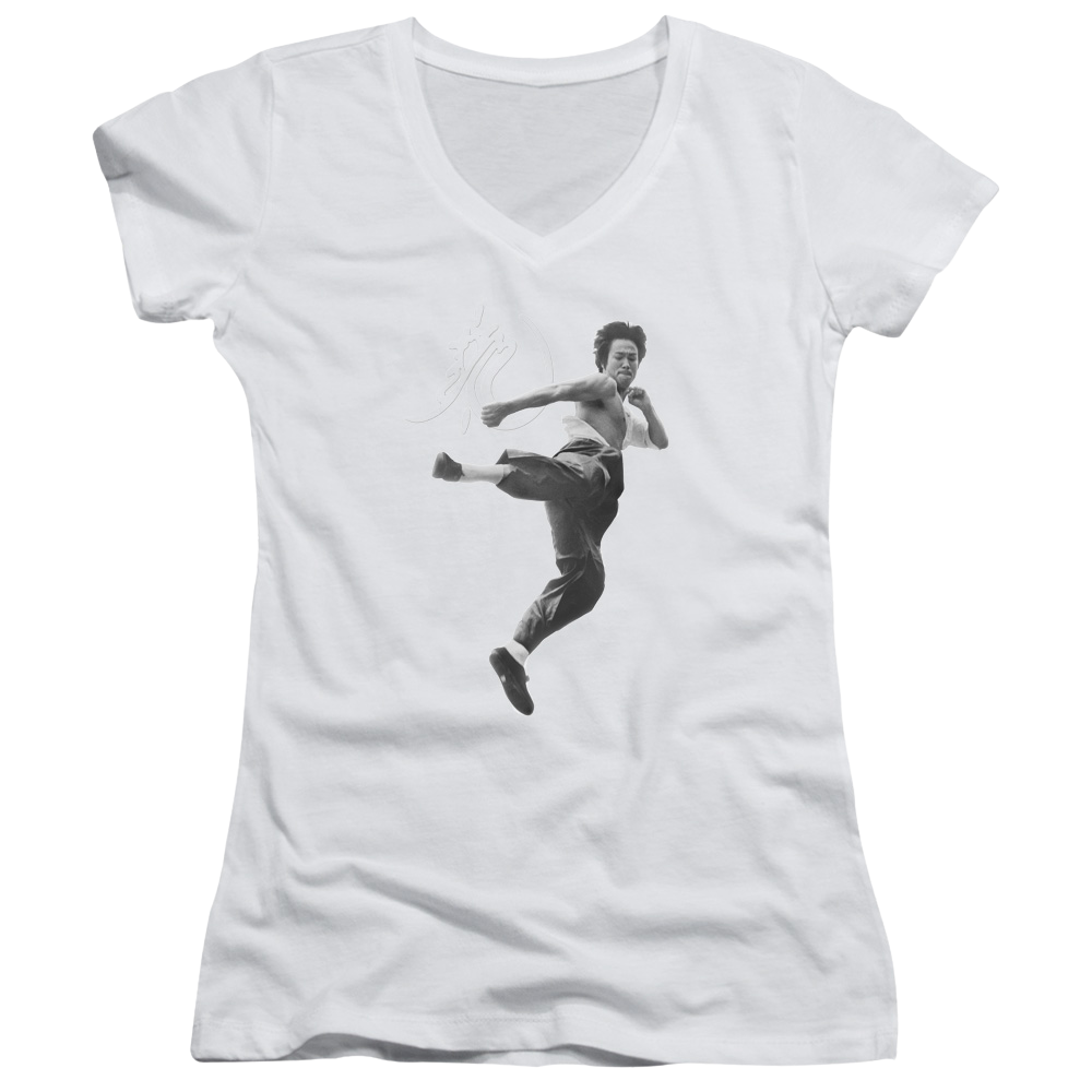 Bruce Lee Flying Kick - Juniors V-Neck T-Shirt Juniors V-Neck T-Shirt Bruce Lee