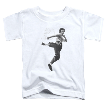 White kid's t-shirt for ages 4 to 7 with Bruce Lee Flying Kick graphic