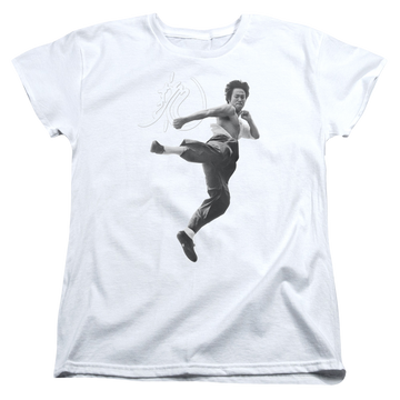 White women's t-shirt with Bruce Lee Flying Kick graphic