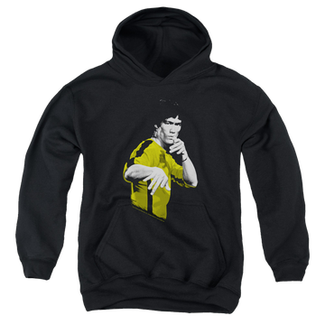 Black youth hoodie for ages 8 to 12 with Bruce Lee Suit Of Death graphic