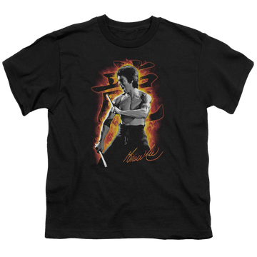 Black youth t-shirt for ages 8 to 12 with Bruce Lee Dragon Fire graphic