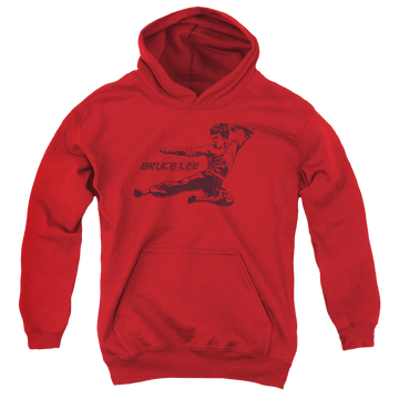 Red youth hoodie for ages 8 to 12 with Bruce Lee Line Kick graphic