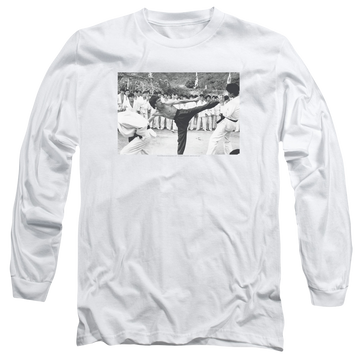 White men's long sleeve t-shirt with Bruce Lee Kick To The Head graphic