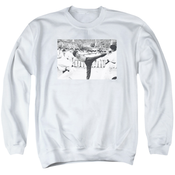 White men's crewneck sweatshirt with Bruce Lee Kick To The Head graphic