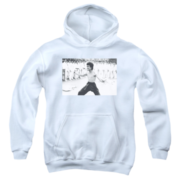 White youth hoodie for ages 8 to 12 with Bruce Lee Triumphant graphic