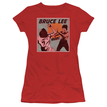 Red juniors t-shirt with Bruce Lee Comic Panel graphic