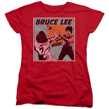 Red women's t-shirt with Bruce Lee Comic Panel graphic