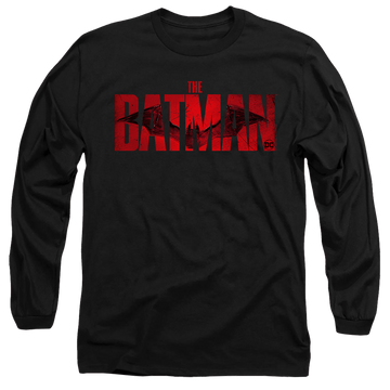 Black men's long sleeve t-shirt with The Batman (2022) Crimson Drawn Bat Logo graphic