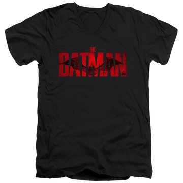 Black men's v-neck t-shirt with The Batman (2022) Crimson Drawn Bat Logo graphic
