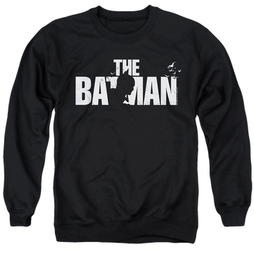 Black men's crewneck sweatshirt with The Batman (2022) Silhouette Title graphic