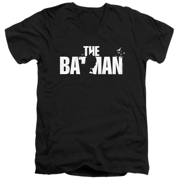 Black men's v-neck t-shirt with The Batman (2022) Silhouette Title graphic