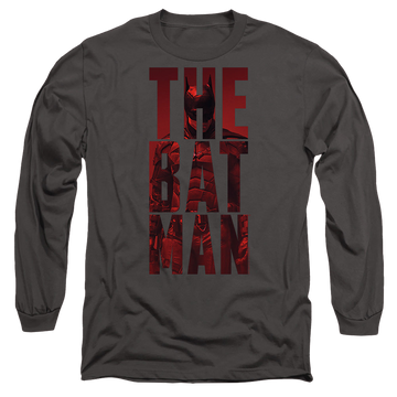 Charcoal men's long sleeve t-shirt with The Batman (2022) Crimson Crusader graphic