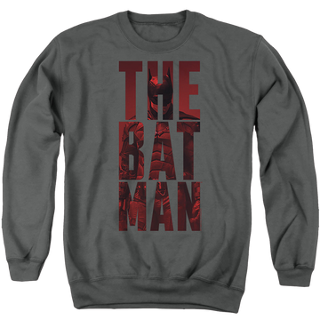 Charcoal men's crewneck sweatshirt with The Batman (2022) Crimson Crusader graphic