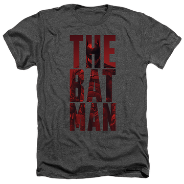 Charcoal men's heather t-shirt with The Batman (2022) Crimson Crusader graphic