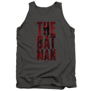 Charcoal men's tank with The Batman (2022) Crimson Crusader graphic