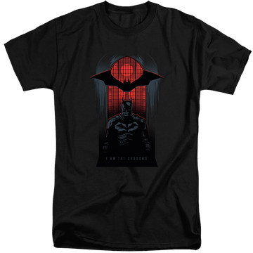 Black men's tall fit t-shirt with The Batman (2022) I Am The Shadows graphic