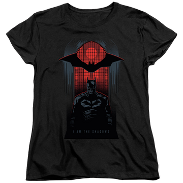Black women's t-shirt with The Batman (2022) I Am The Shadows graphic