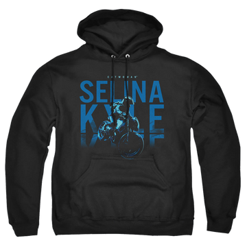 Black pullover hoodie with The Batman (2022) Selina Kyle Motorcycle graphic