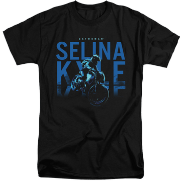 Black men's tall fit t-shirt with The Batman (2022) Selina Kyle Motorcycle graphic