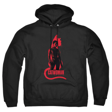 Black pullover hoodie with The Batman (2022) Selina Kyle Cat Silhouette graphic
