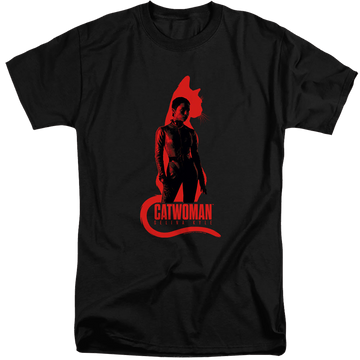 Black men's tall fit t-shirt with The Batman (2022) Selina Kyle Cat Silhouette graphic
