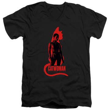 Black men's v-neck t-shirt with The Batman (2022) Selina Kyle Cat Silhouette graphic