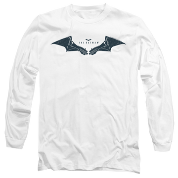White men's long sleeve t-shirt with The Batman (2022) Mechanical Bat Logo graphic