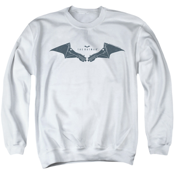 White men's crewneck sweatshirt with The Batman (2022) Mechanical Bat Logo graphic