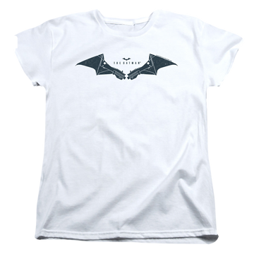White women's t-shirt with The Batman (2022) Mechanical Bat Logo graphic