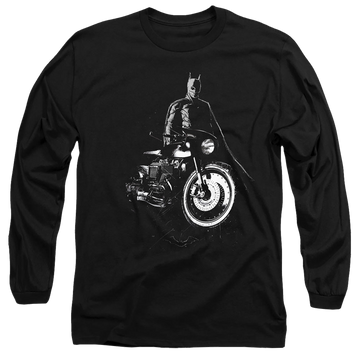 Black men's long sleeve t-shirt with The Batman (2022) And His Motorcycle graphic