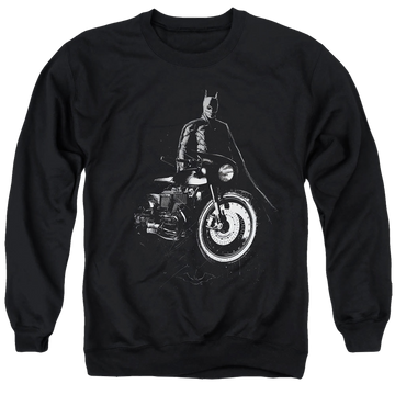 Black men's crewneck sweatshirt with The Batman (2022) And His Motorcycle graphic