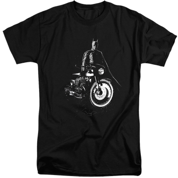 Black men's tall fit t-shirt with The Batman (2022) And His Motorcycle graphic