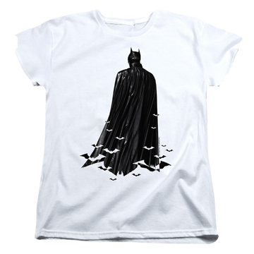 White women's t-shirt with The Batman (2022) Bat Cape graphic