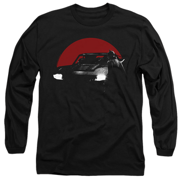 Black men's long sleeve t-shirt with The Batman (2022) Red Moon And Batmobile graphic