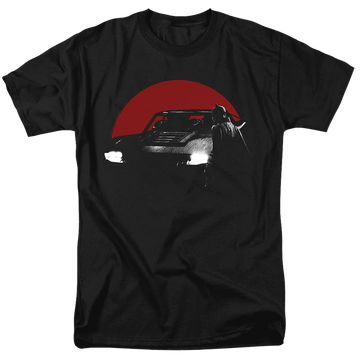 Black men's regular fit t-shirt with The Batman (2022) Red Moon And Batmobile graphic