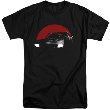 Black men's tall fit t-shirt with The Batman (2022) Red Moon And Batmobile graphic