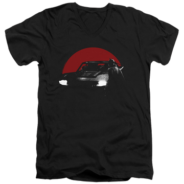 Black men's v-neck t-shirt with The Batman (2022) Red Moon And Batmobile graphic