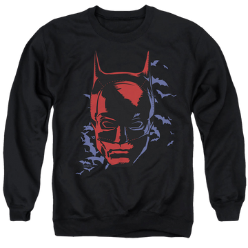 Black men's crewneck sweatshirt with The Batman (2022) Shadowed Headshot graphic