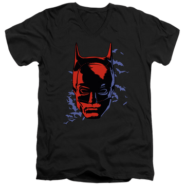 Black men's v-neck t-shirt with The Batman (2022) Shadowed Headshot graphic